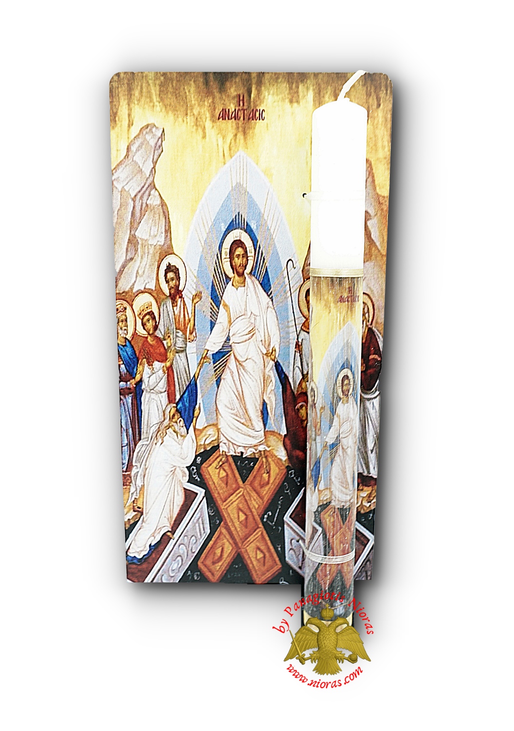 Easter Candle With Wooden Icon Ressurection 30cm